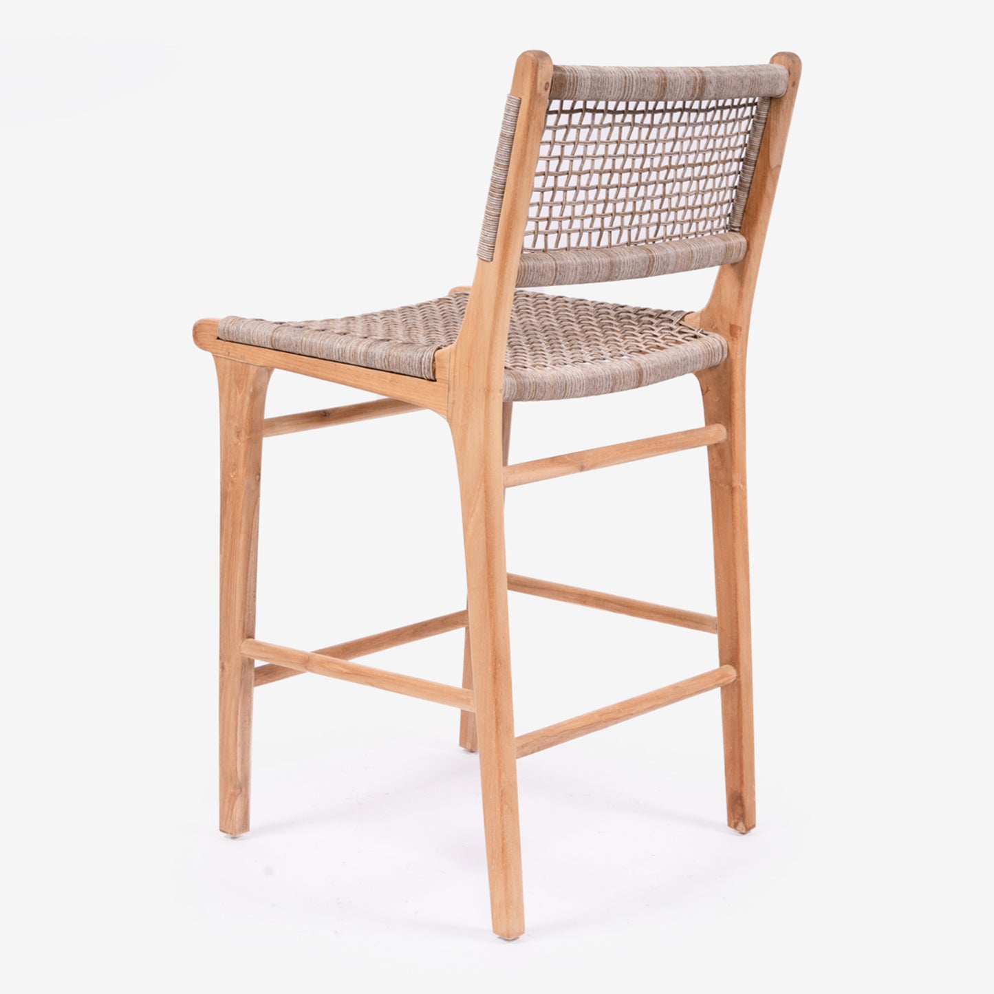 Angled back view of the Zen Bar Stool – Washed Grey – Open Weave highlighting tapered teak frame and open grid weave.