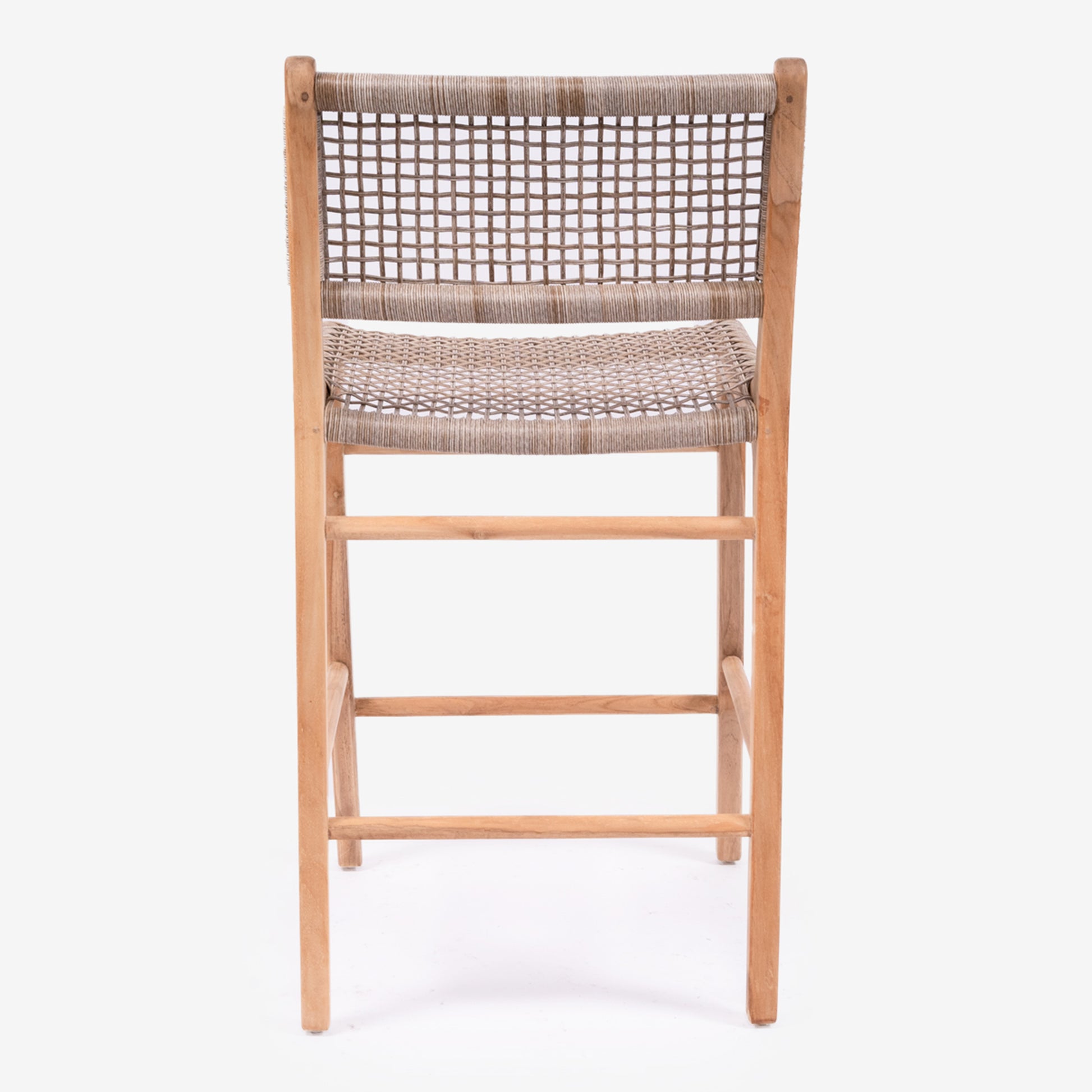 Rear view of Zen Bar Stool – Washed Grey – Open Weave on a plain backdrop, showcasing full backrest weave detail.