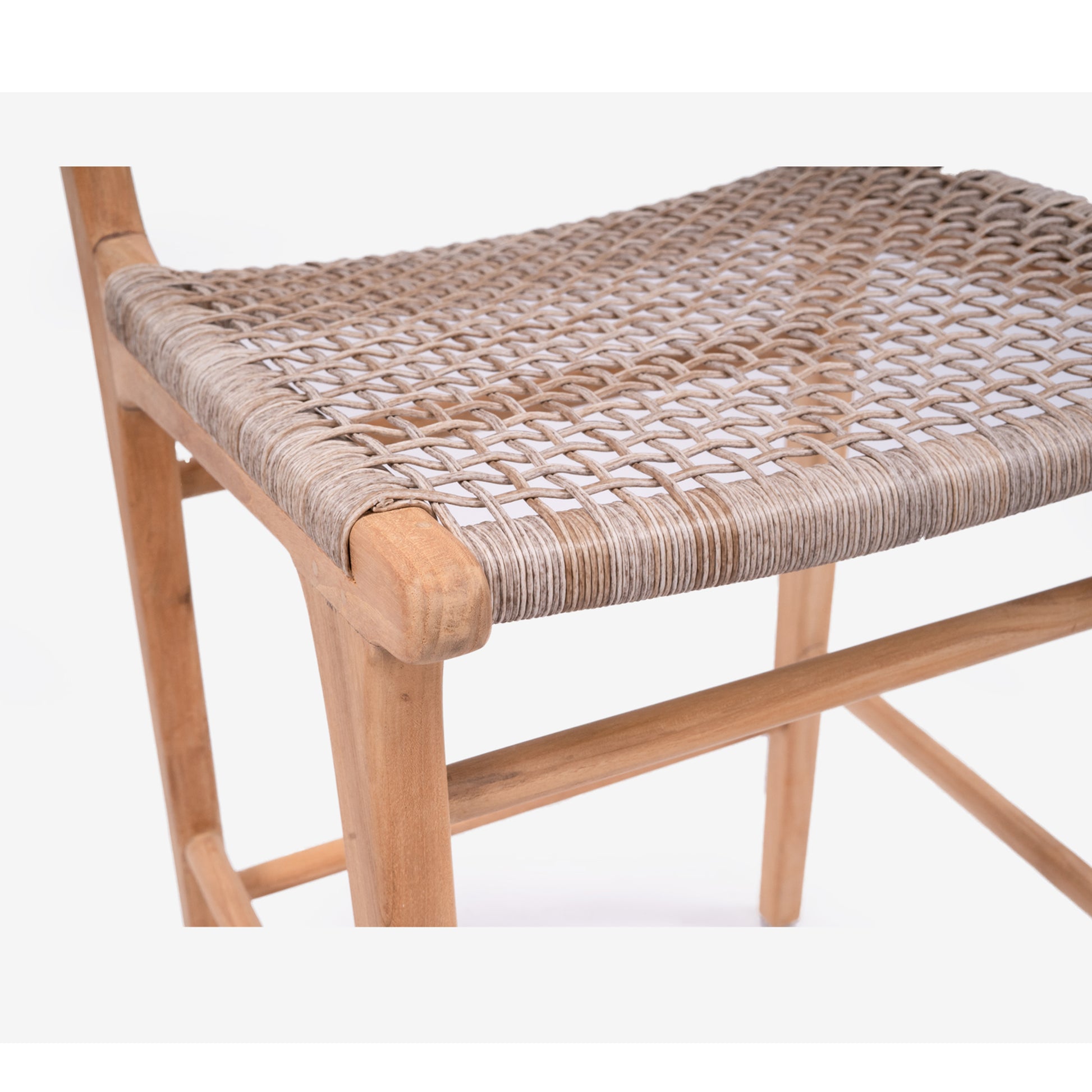 Close-up of the woven seat detail on Zen Bar Stool – Washed Grey – Open Weave showing the handwoven texture and teak joinery.