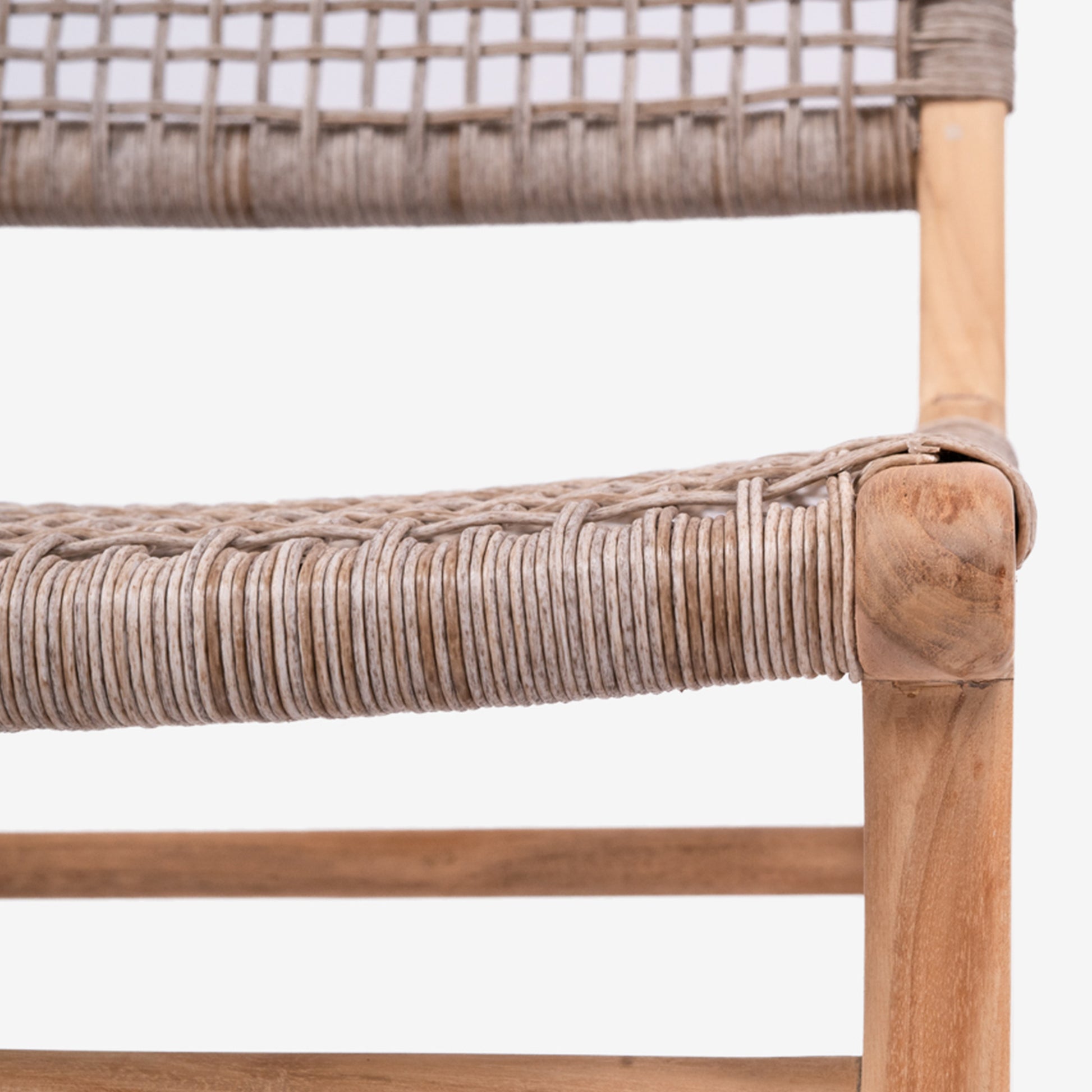 Close-up macro shot of the Zen Bar Stool – Washed Grey – Open Weave showing detailed craftsmanship of the seat and joint wrapping.