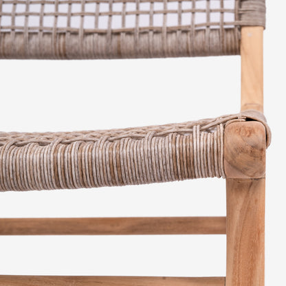 Close-up macro shot of the Zen Bar Stool – Washed Grey – Open Weave showing detailed craftsmanship of the seat and joint wrapping.