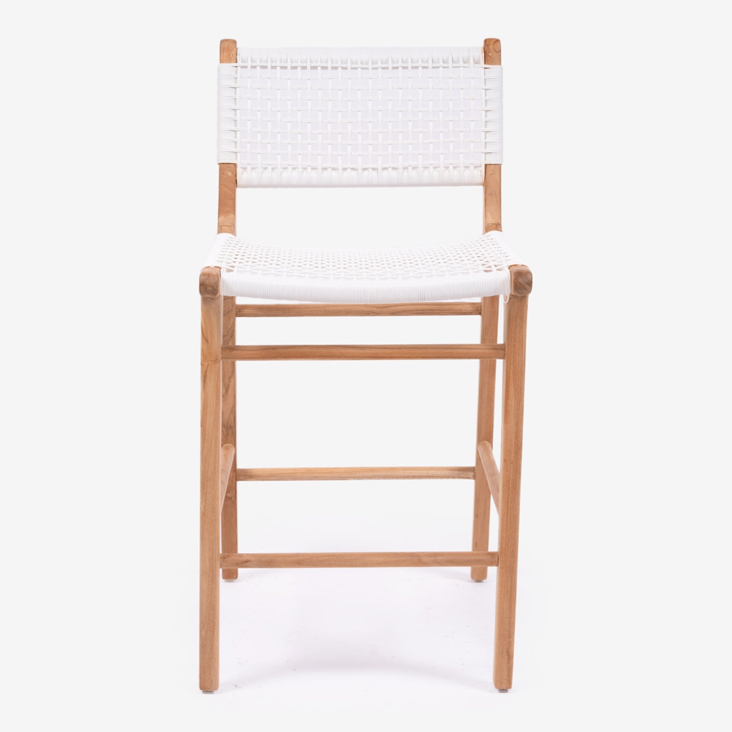 Front-facing studio shot of the Zen Counter Stool – White – Close Weave with teak frame and handwoven seat and backrest on a white background.