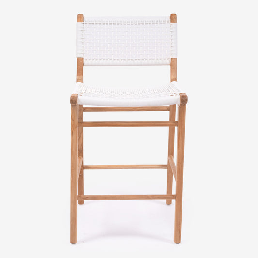 Front-facing studio shot of the Zen Counter Stool – White – Close Weave with teak frame and handwoven seat and backrest on a white background.