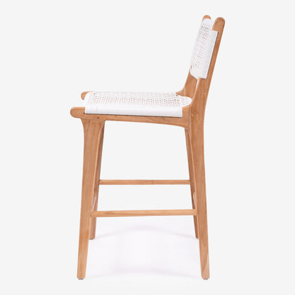 Side profile of the Zen Counter Stool – White – Close Weave showcasing teak frame and ergonomic proportions.