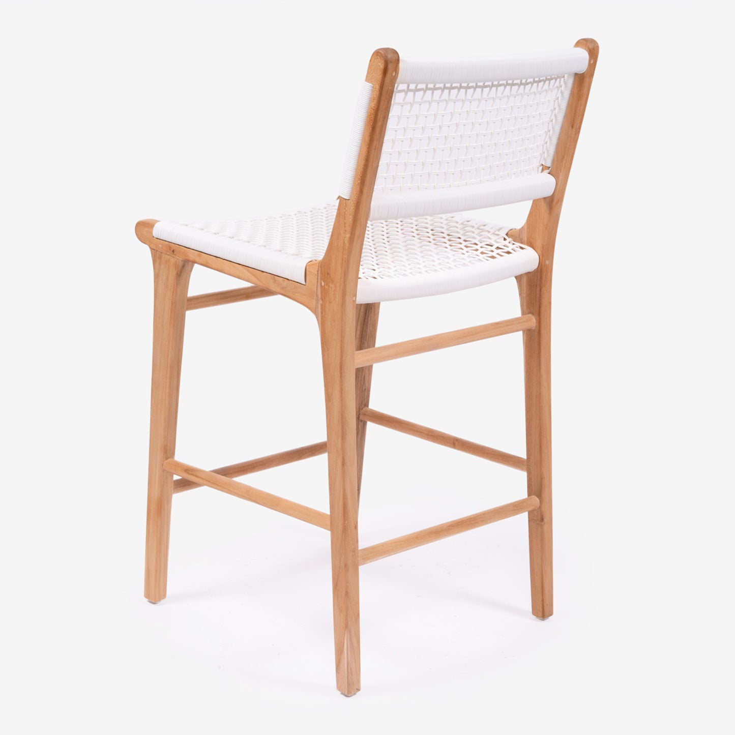 Angled rear-side view of the Zen Counter Stool – White – Close Weave highlighting curved teak legs and backrest.