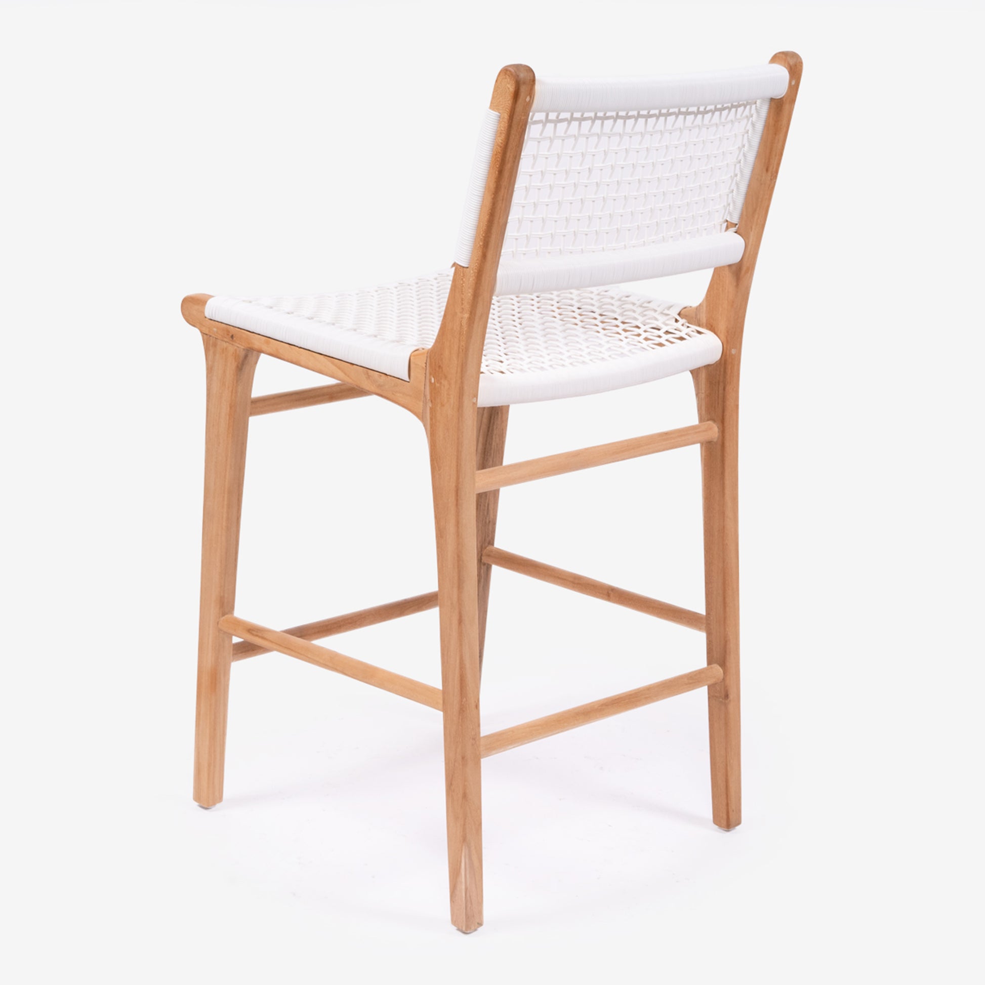 Angled rear-side view of the Zen Counter Stool – White – Close Weave highlighting curved teak legs and backrest.