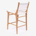 Angled rear-side view of the Zen Counter Stool – White – Close Weave highlighting curved teak legs and backrest.