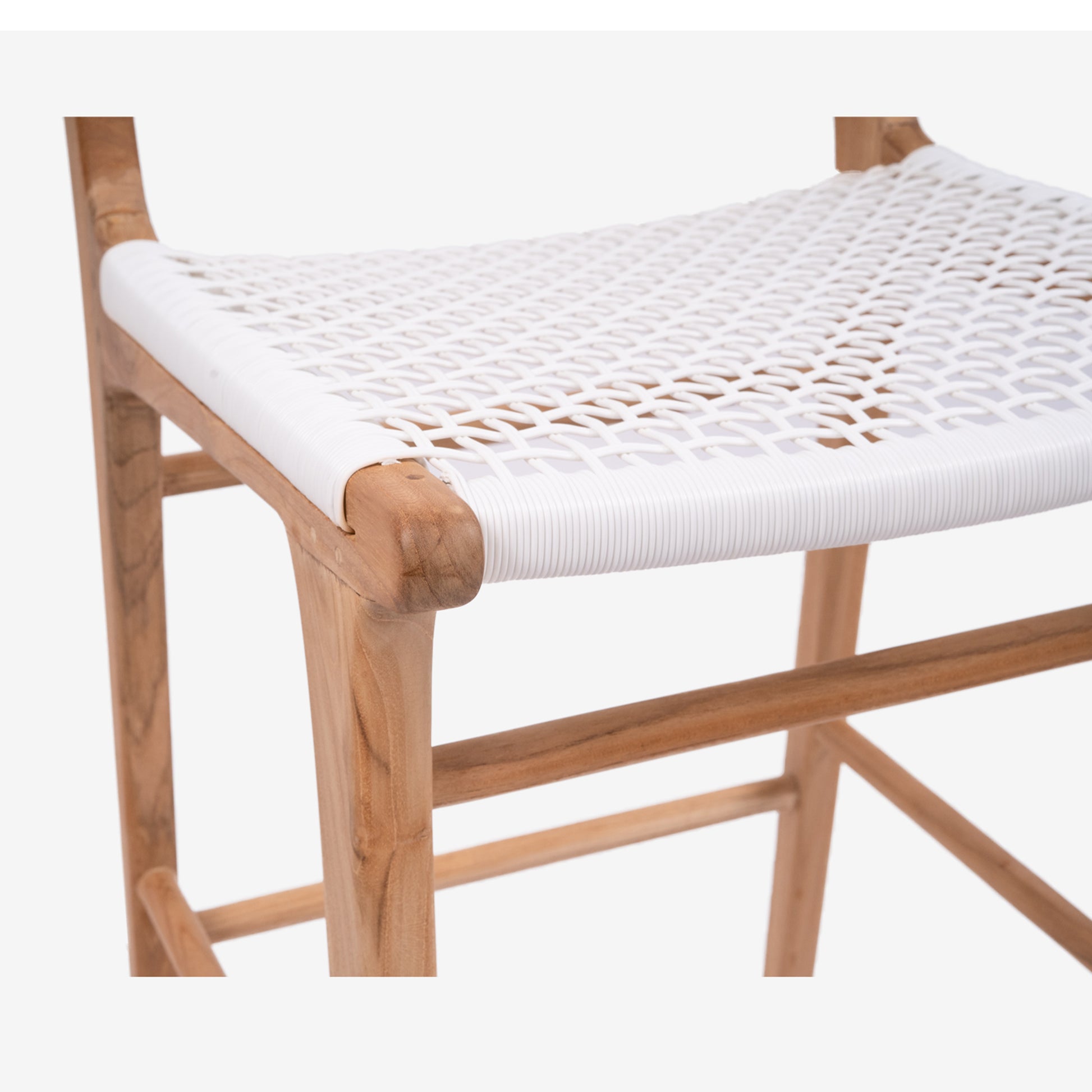 Close-up of the seat corner joinery and open weave texture on the Zen Counter Stool – White – Close Weave.