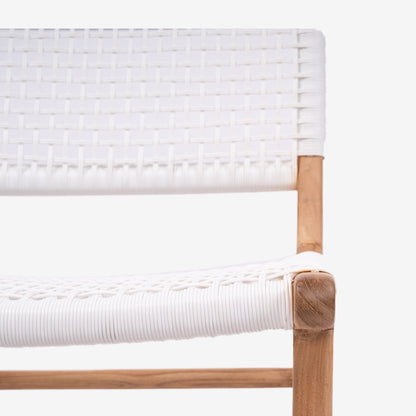 Detail of the backrest and upper joinery on the Zen Counter Stool – White – Close Weave emphasising tight weave and teak support.
