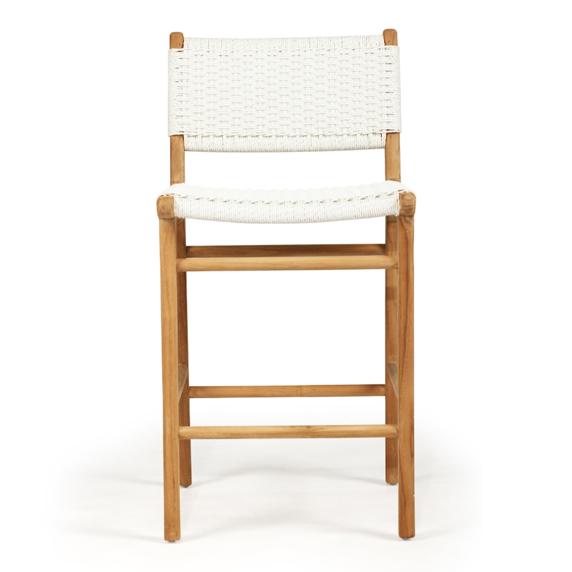 Front-facing studio view of the Zen Counter Stool – White – Close Weave highlighting the detailed woven pattern and sculpted teak frame.