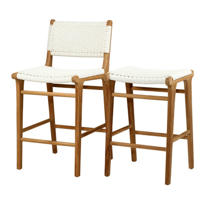 Angled studio view of the Zen Counter Stool – White – Close Weave alongside a matching backless stool, highlighting curved seats and teak frames.