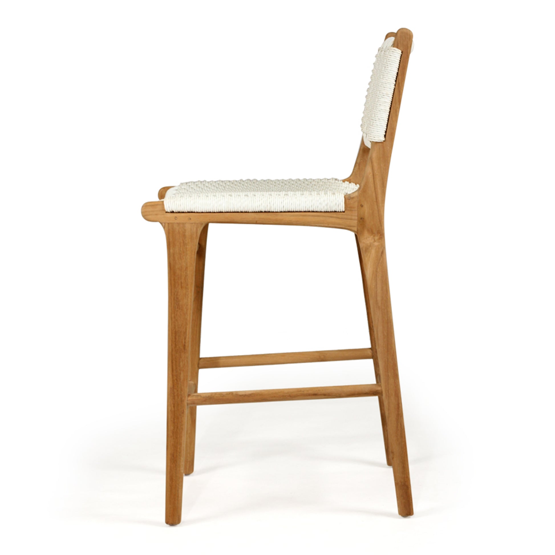 Side profile of the Zen Counter Stool – White – Close Weave showcasing the contoured seat, upright backrest, and elegant teak leg structure.