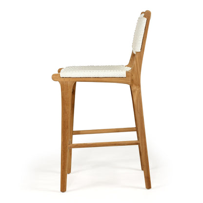 Side profile of the Zen Counter Stool – White – Close Weave showcasing the contoured seat, upright backrest, and elegant teak leg structure.