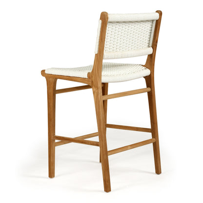 Rear-side angled studio shot of the Zen Counter Stool – White – Close Weave highlighting curved teak legs and backrest structure.