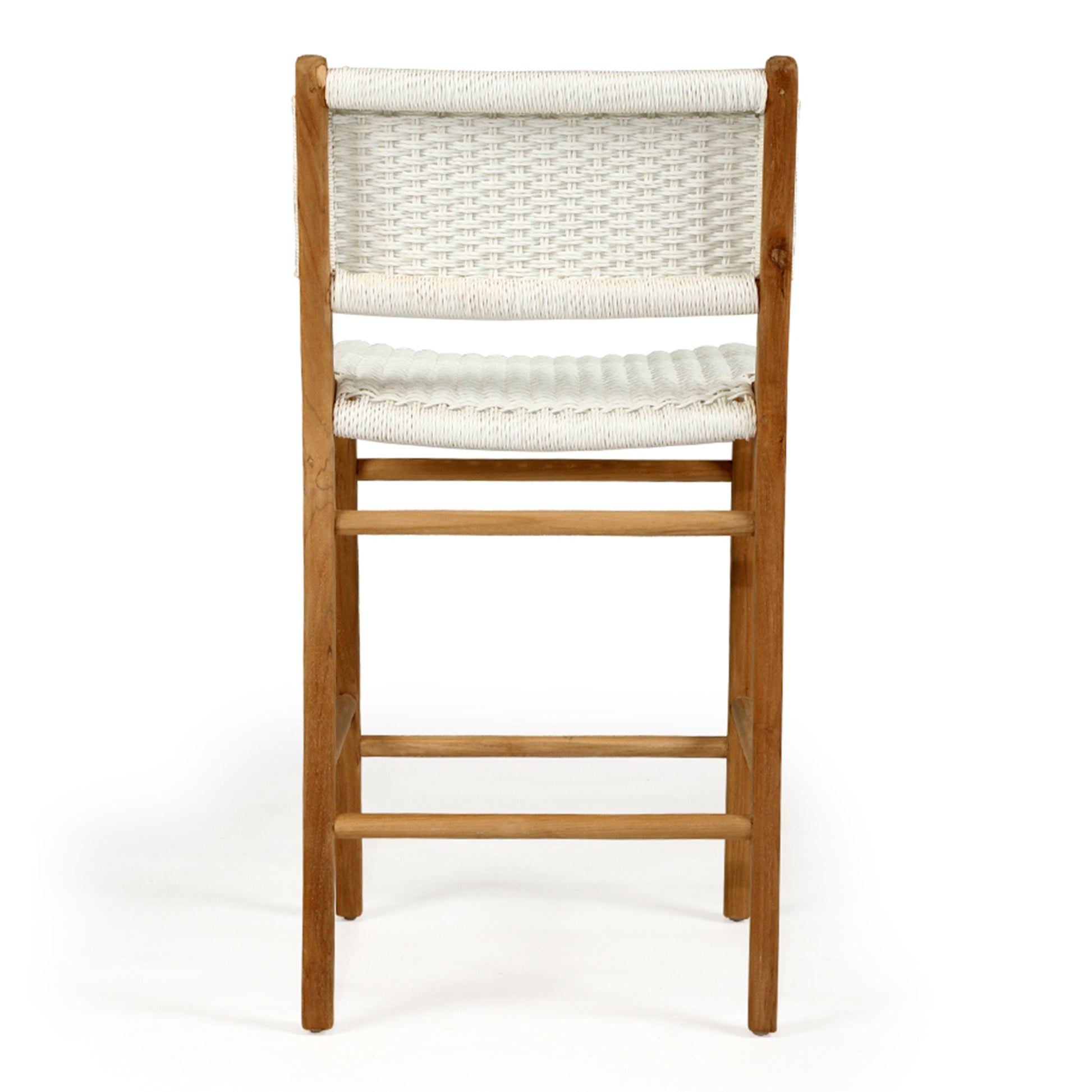 Rear studio view of the Zen Counter Stool – White – Close Weave showing the full backrest weave and footrest supports.