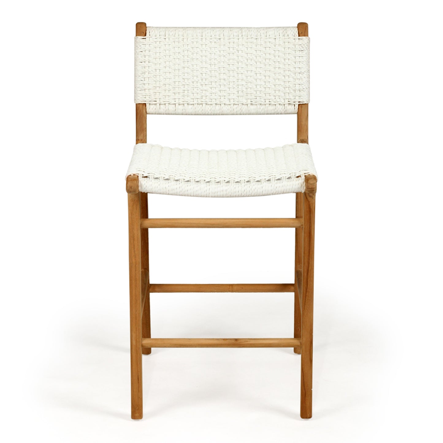 Front-facing studio image of the Zen Counter Stool – White – Close Weave with contoured seat and detailed close weave against a white background.