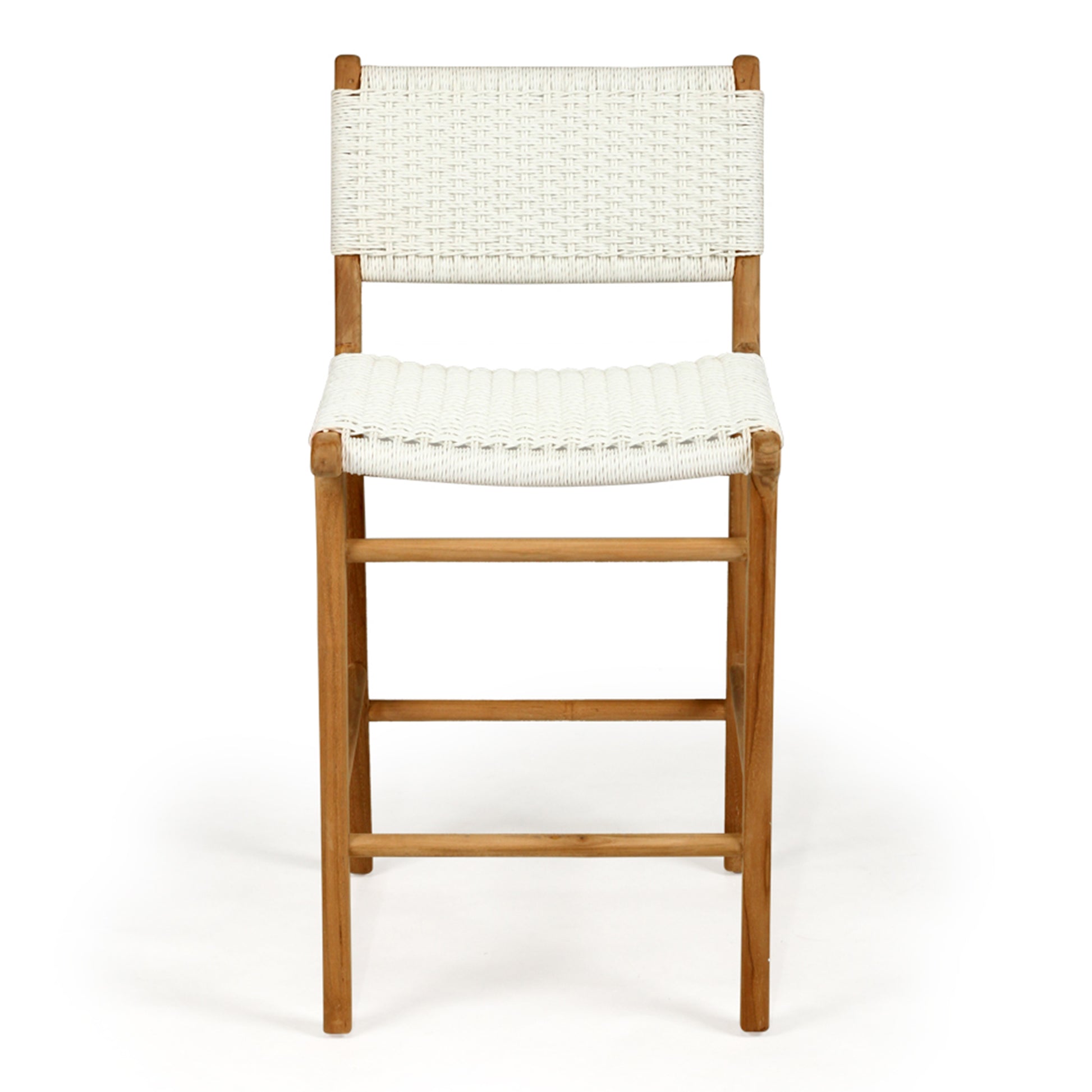 Front-facing studio image of the Zen Counter Stool – White – Close Weave with contoured seat and detailed close weave against a white background.