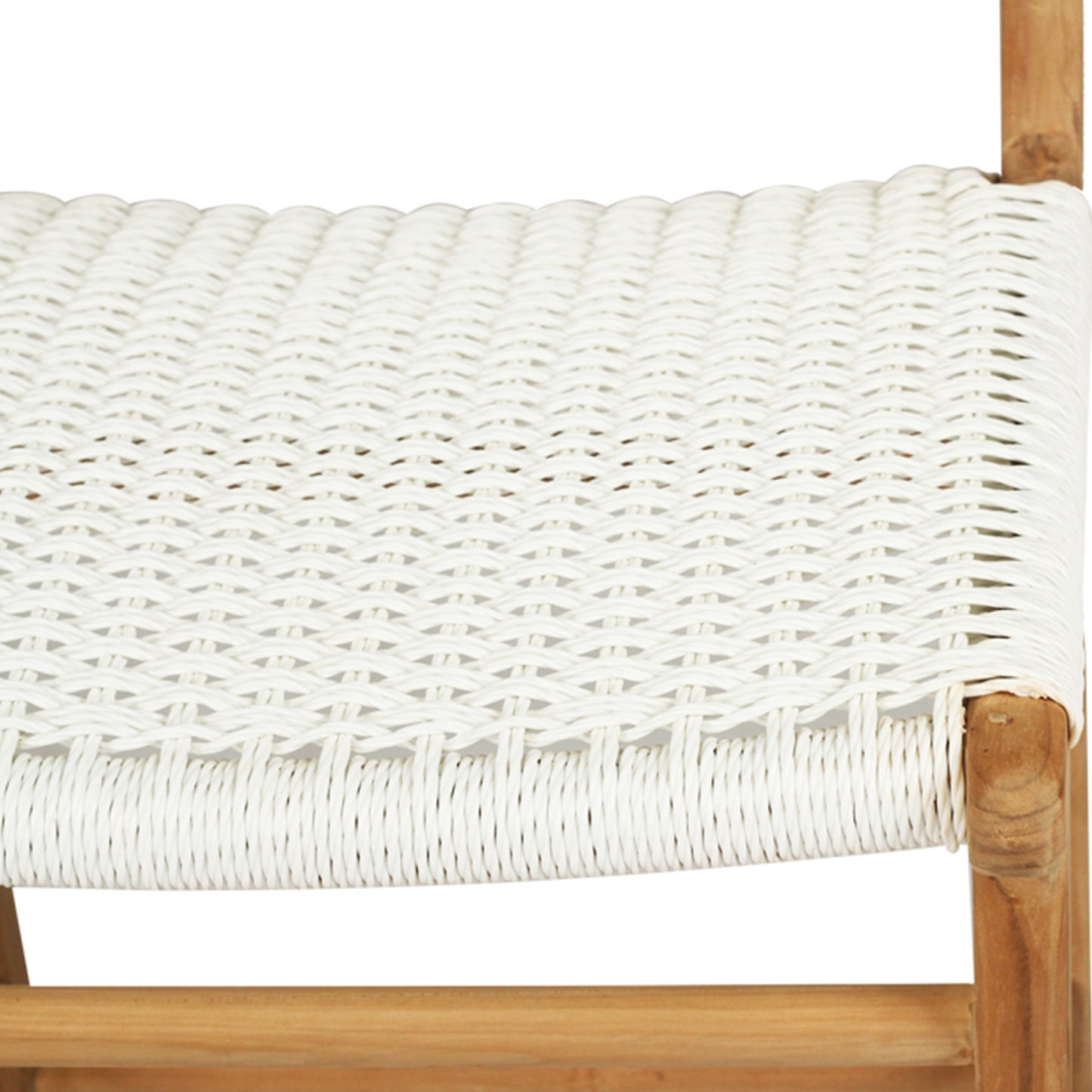 Close-up of handwoven white seat detail on the Zen Counter Stool – White – Close Weave showing texture and teak corner join.