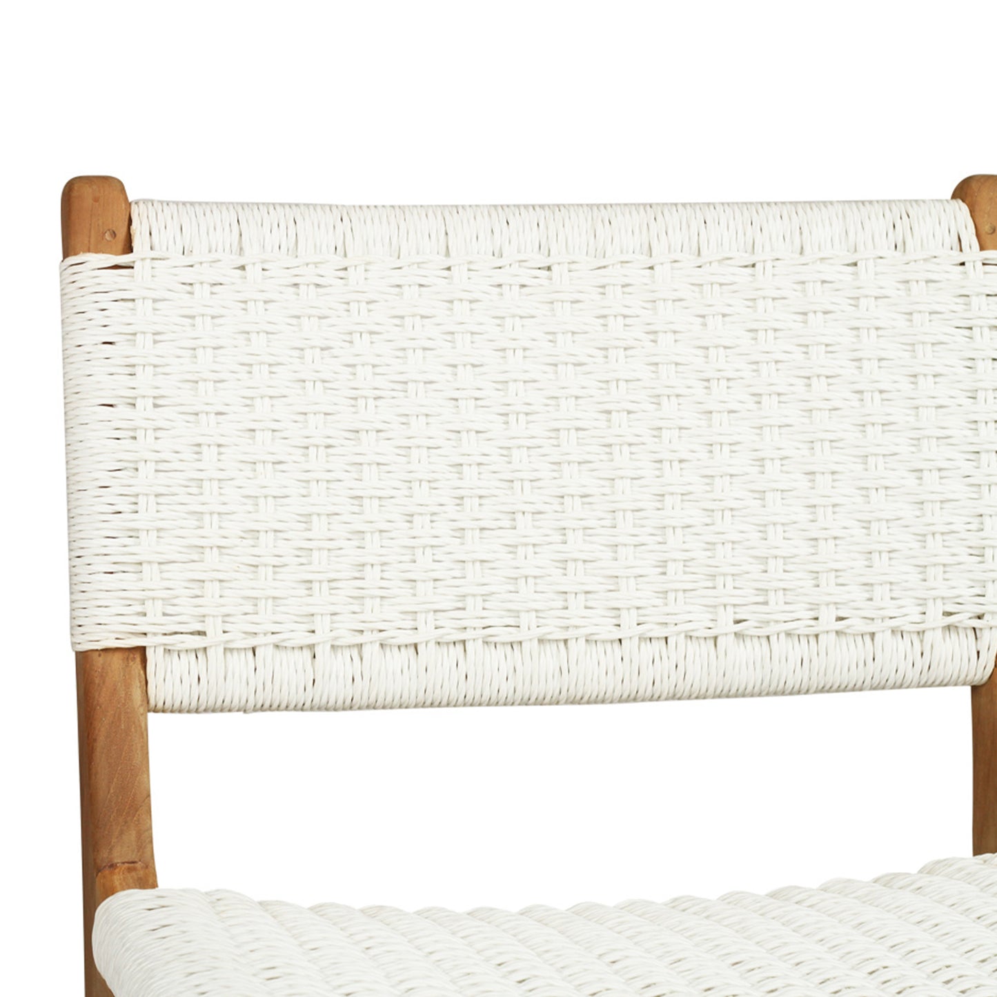 Close-up of backrest on the Zen Counter Stool – White – Close Weave showing intricate tight weave in white fibre with visible teak posts.