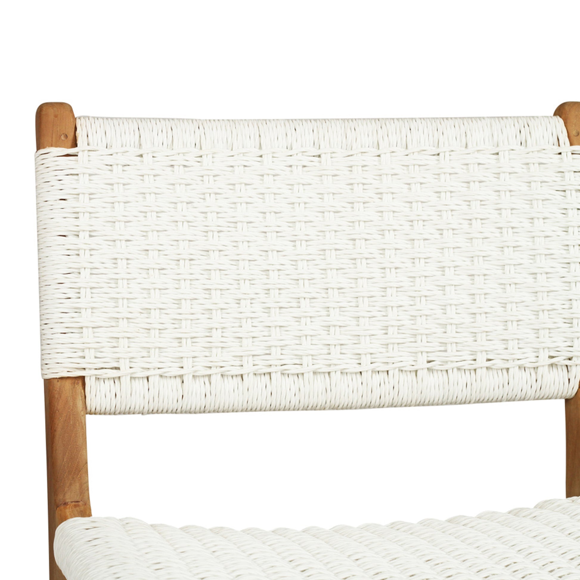 Close-up of backrest on the Zen Counter Stool – White – Close Weave showing intricate tight weave in white fibre with visible teak posts.