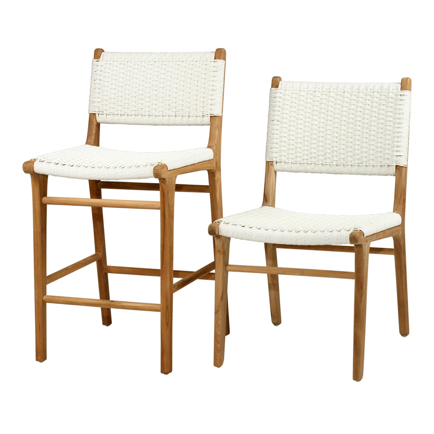 Studio image of the Zen Counter Stool and Zen Dining Chair – both in White – Close Weave – side by side on a white background, showing size and height difference.