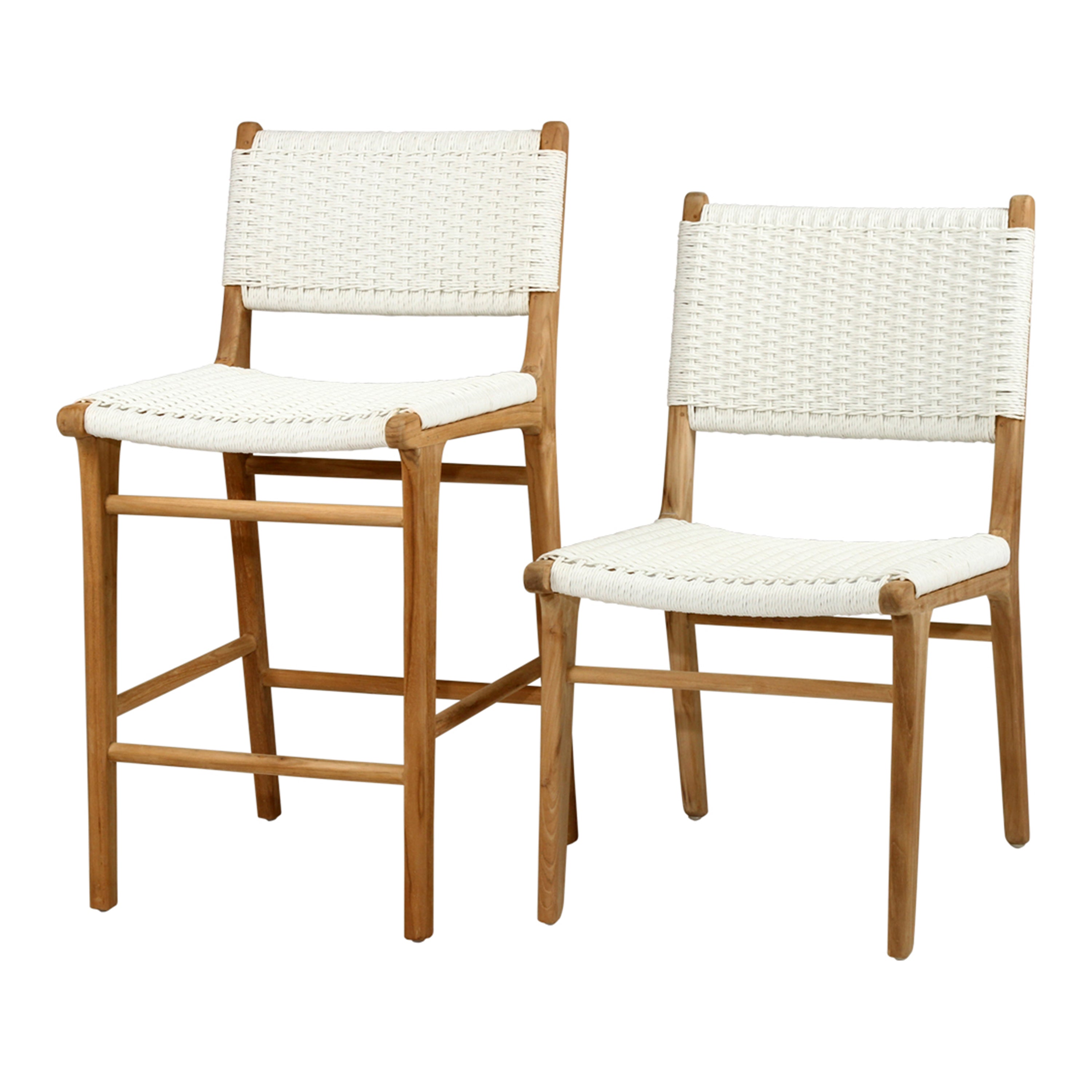 Studio image of the Zen Counter Stool and Zen Dining Chair – both in White – Close Weave – side by side on a white background, showing size and height difference.