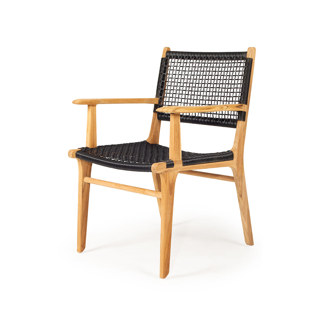 Angled front view of Zen Armchair – Black – Open Weave showing grid weave pattern and solid teak frame.