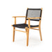 Angled front view of Zen Armchair – Black – Open Weave showing grid weave pattern and solid teak frame.
