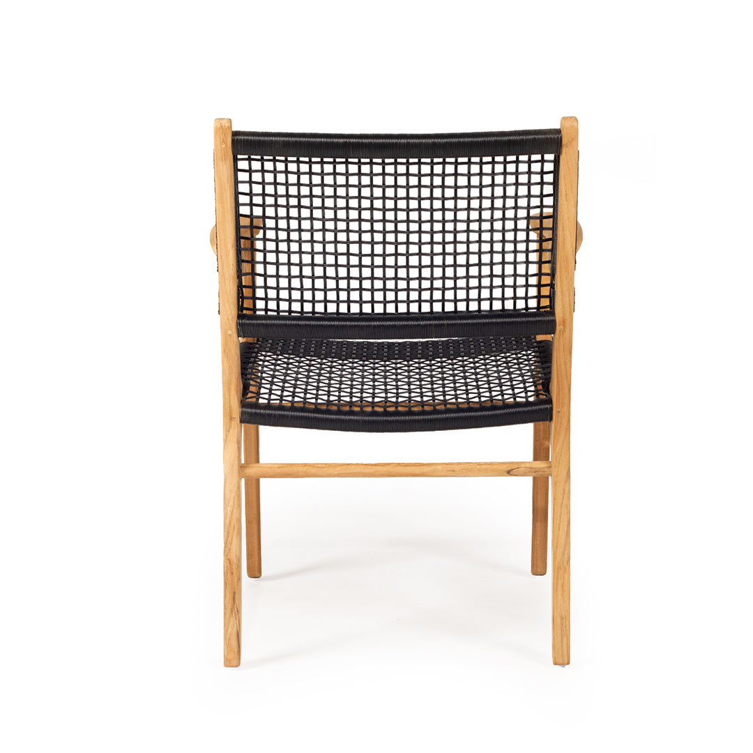 Rear studio view of Zen Armchair – Black – Open Weave highlighting backrest and curved woven seat.