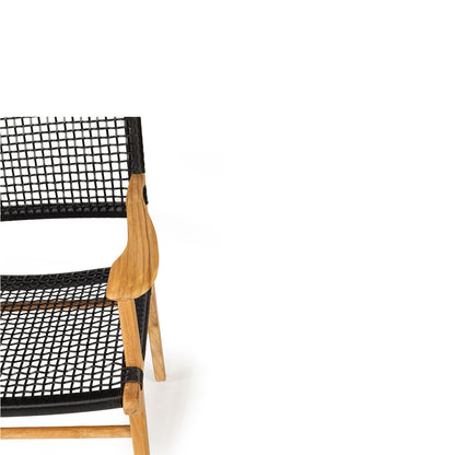 Angled top-down view of Zen Armchair – Black – Open Weave showing seat, arm, and back weave over white background.
