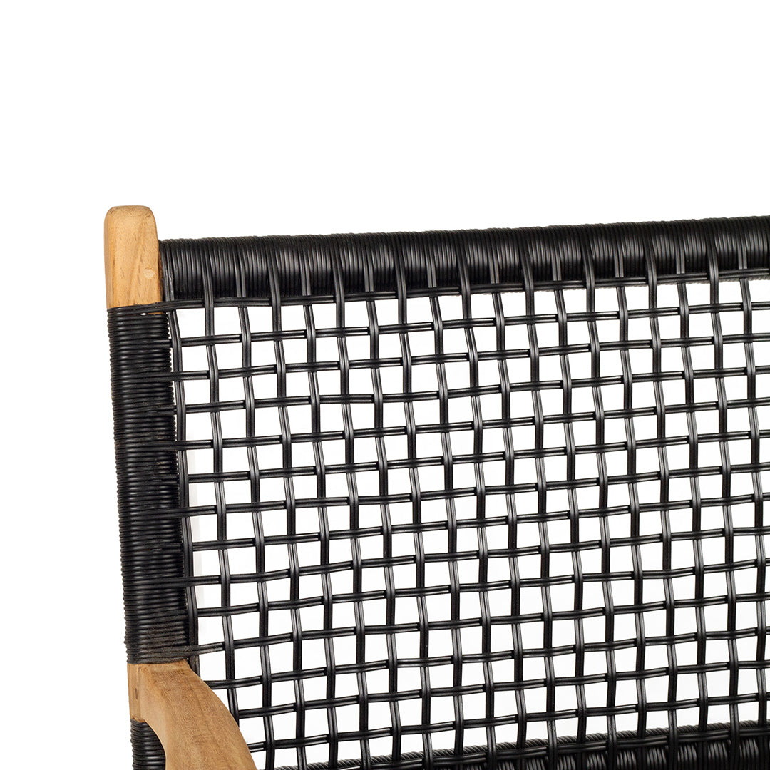 Close-up of the Zen Armchair – Black – Open Weave backrest detailing the open weave pattern and teak frame.