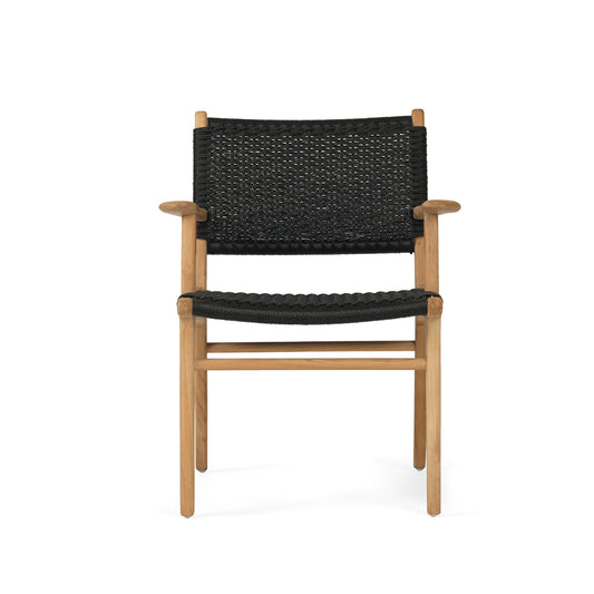 Straight-on front image of Zen Armchair – Black – Close Weave featuring dense black weaving and solid teak legs.