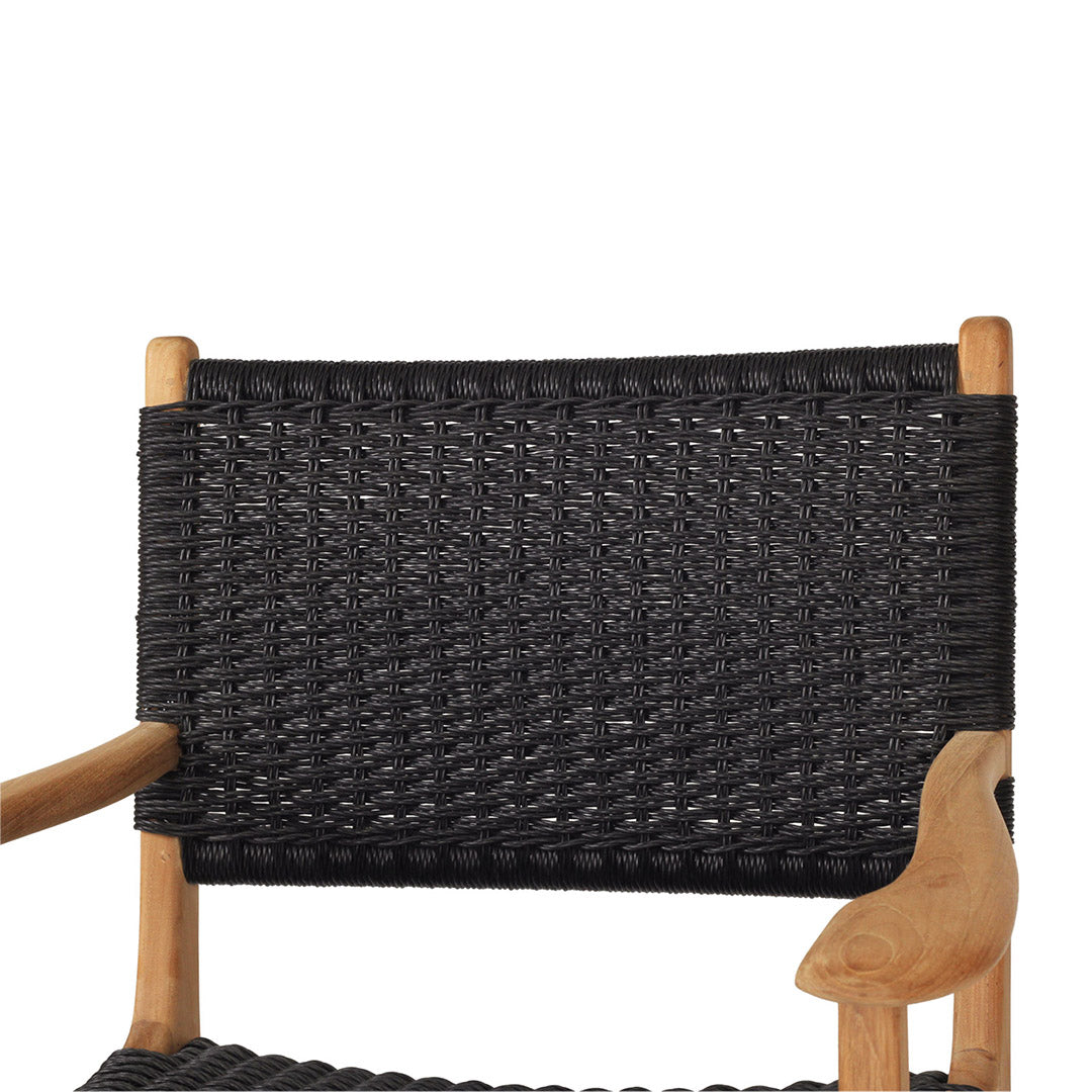 Upper section view of Zen Armchair – Black – Close Weave showing black woven backrest and curved teak arms.