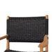 Upper section view of Zen Armchair – Black – Close Weave showing black woven backrest and curved teak arms.