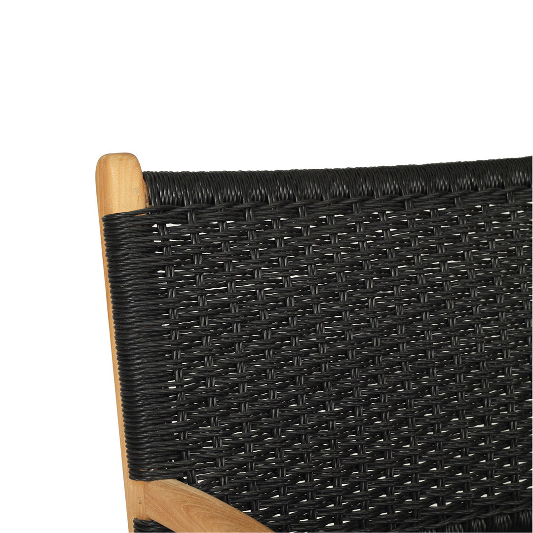 Detail view of the Zen Armchair – Black – Close Weave backrest showing fine handwoven pattern and natural teak frame.