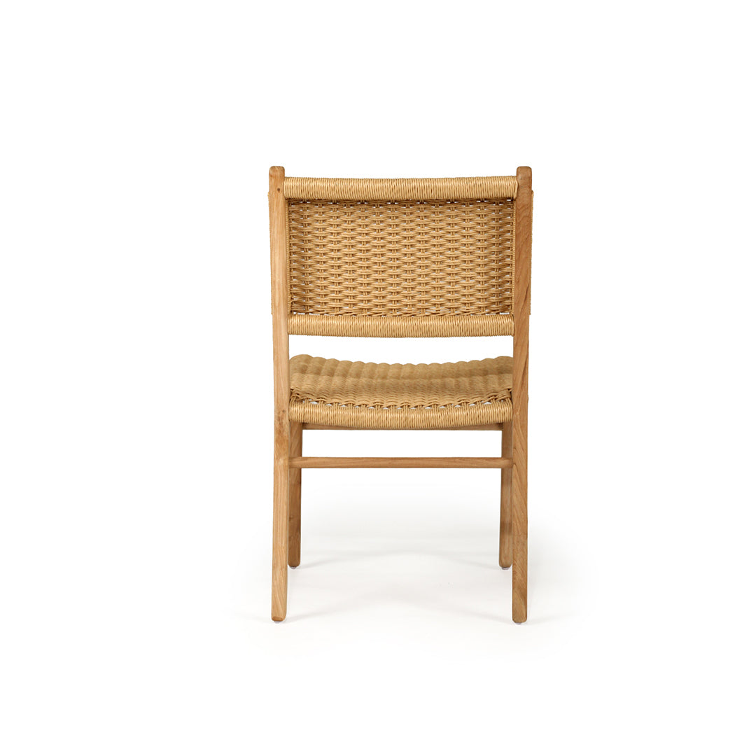 Rear view of Zen Dining Chair – Sand – Close Weave showing full backrest weave and teak frame.