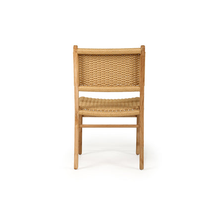 Rear view of Zen Dining Chair – Sand – Close Weave showing full backrest weave and teak frame.