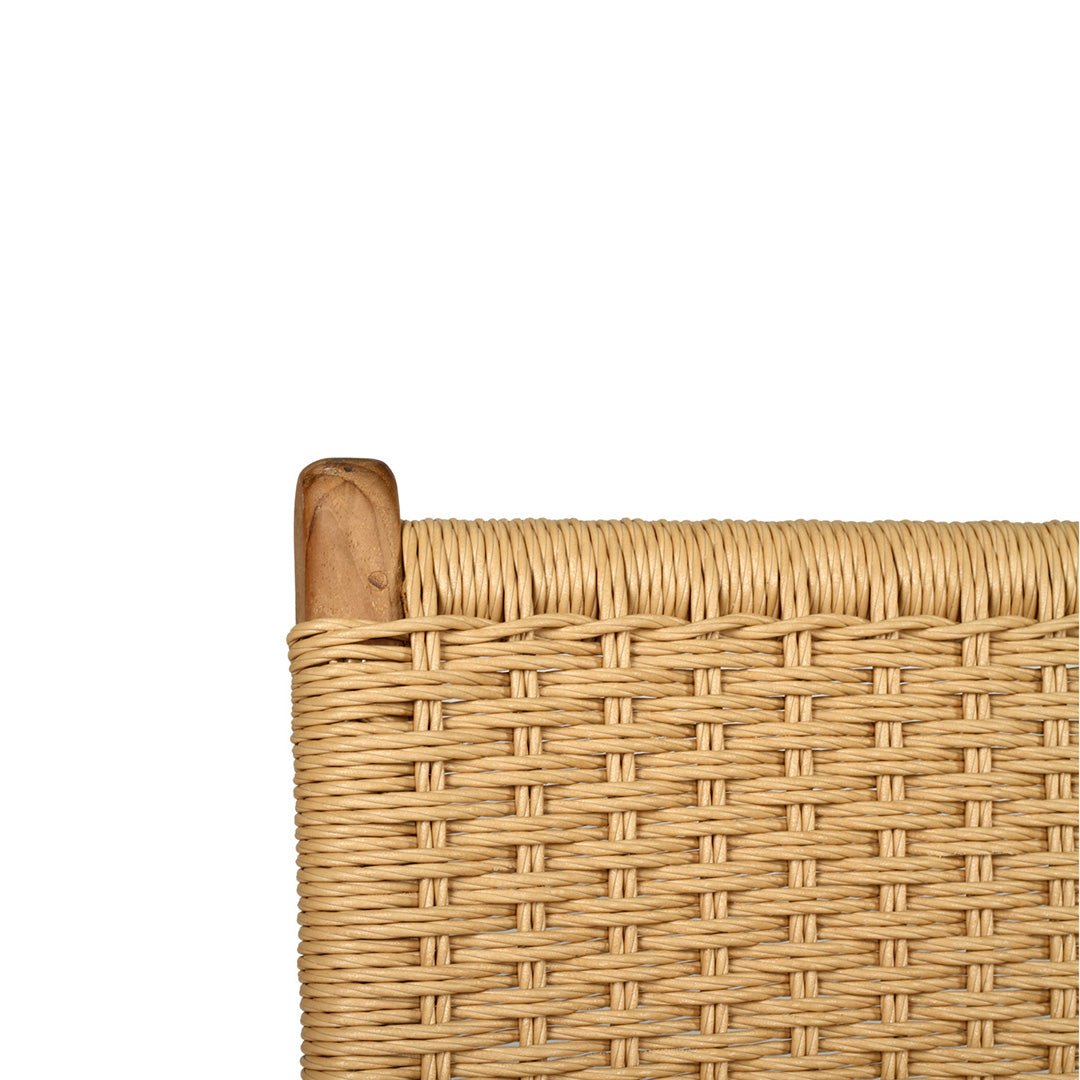 Close-up of the Zen Dining Chair – Sand – Close Weave backrest showing detailed handwoven pattern and teak frame.