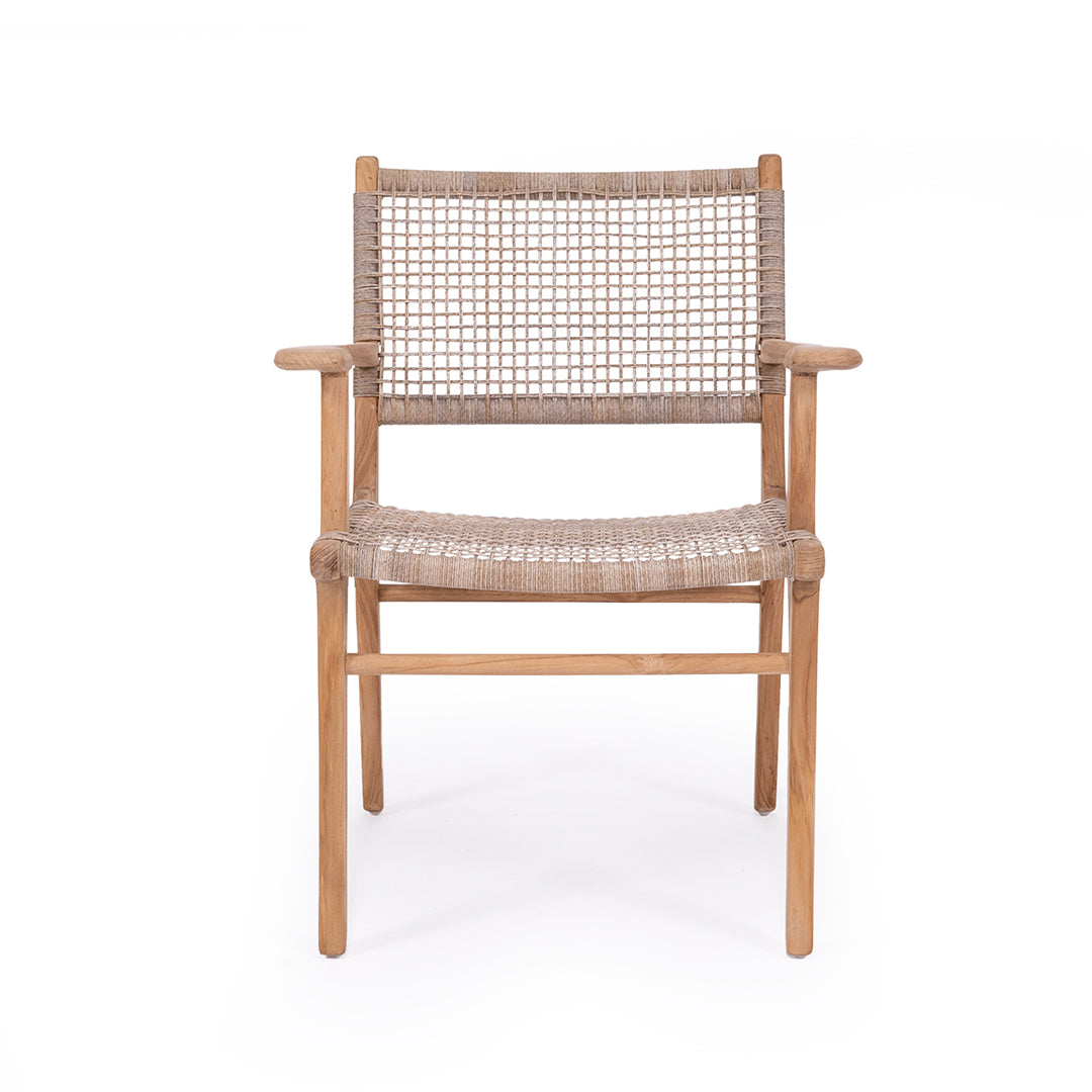 Studio front view of Zen Armchair – Washed Grey – Open Weave with teak arms and grid-pattern open weave.