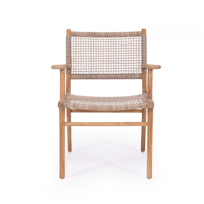 Studio front view of Zen Armchair – Washed Grey – Open Weave with teak arms and grid-pattern open weave.