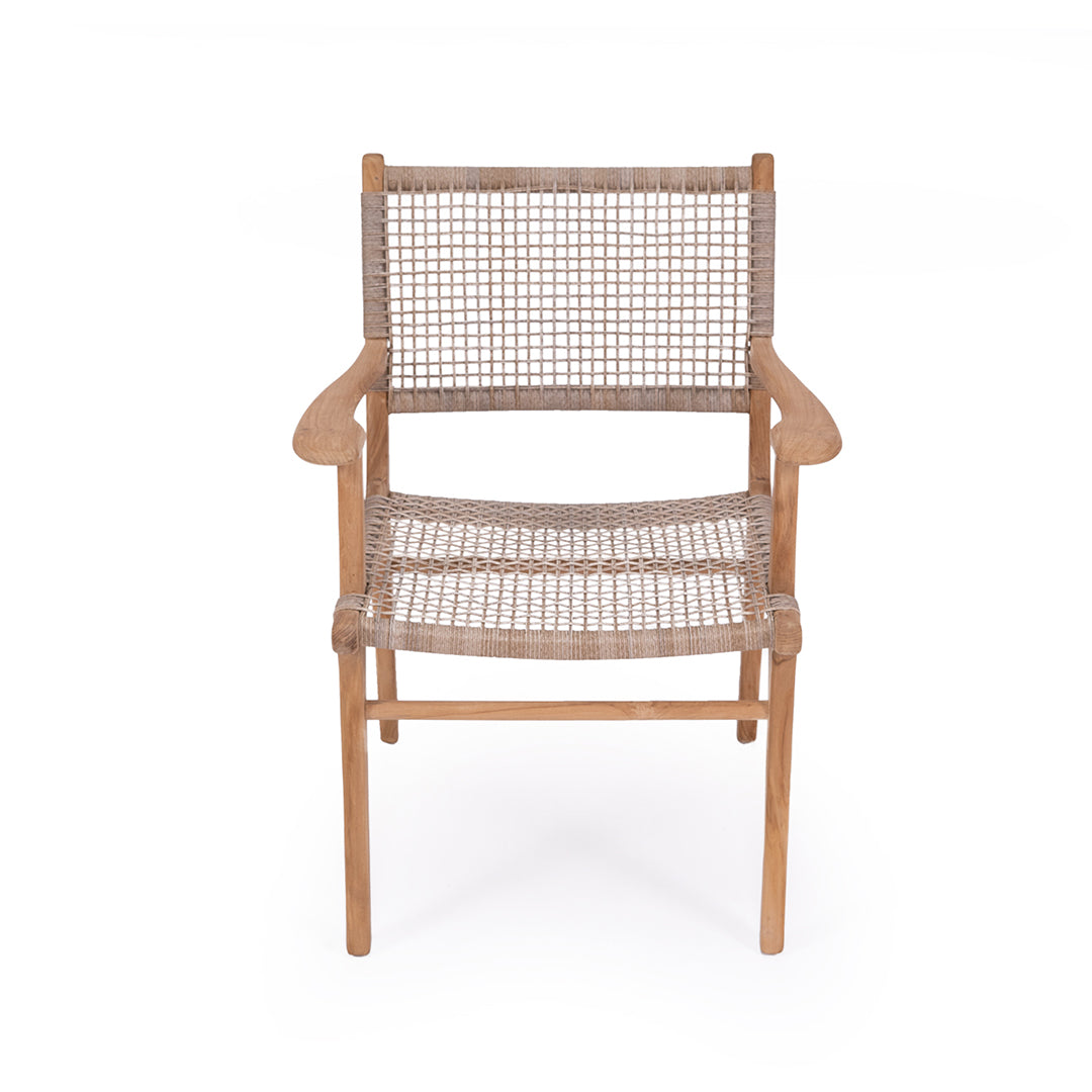 Front-facing studio view of Zen Armchair – Washed Grey – Open Weave showing woven seat and back with curved teak arms.