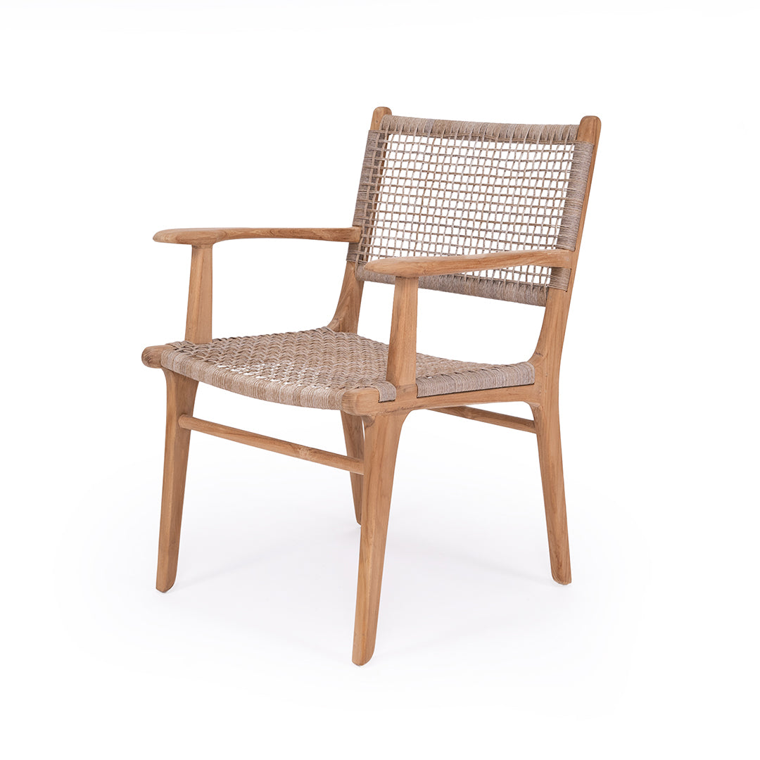 Angled front-side view of Zen Armchair – Washed Grey – Open Weave on white backdrop highlighting open weave texture.