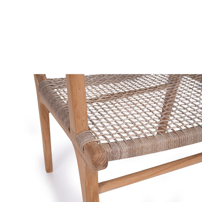 Detailed angle of Zen Armchair – Washed Grey – Open Weave showing handwoven seat and curved teak frame.