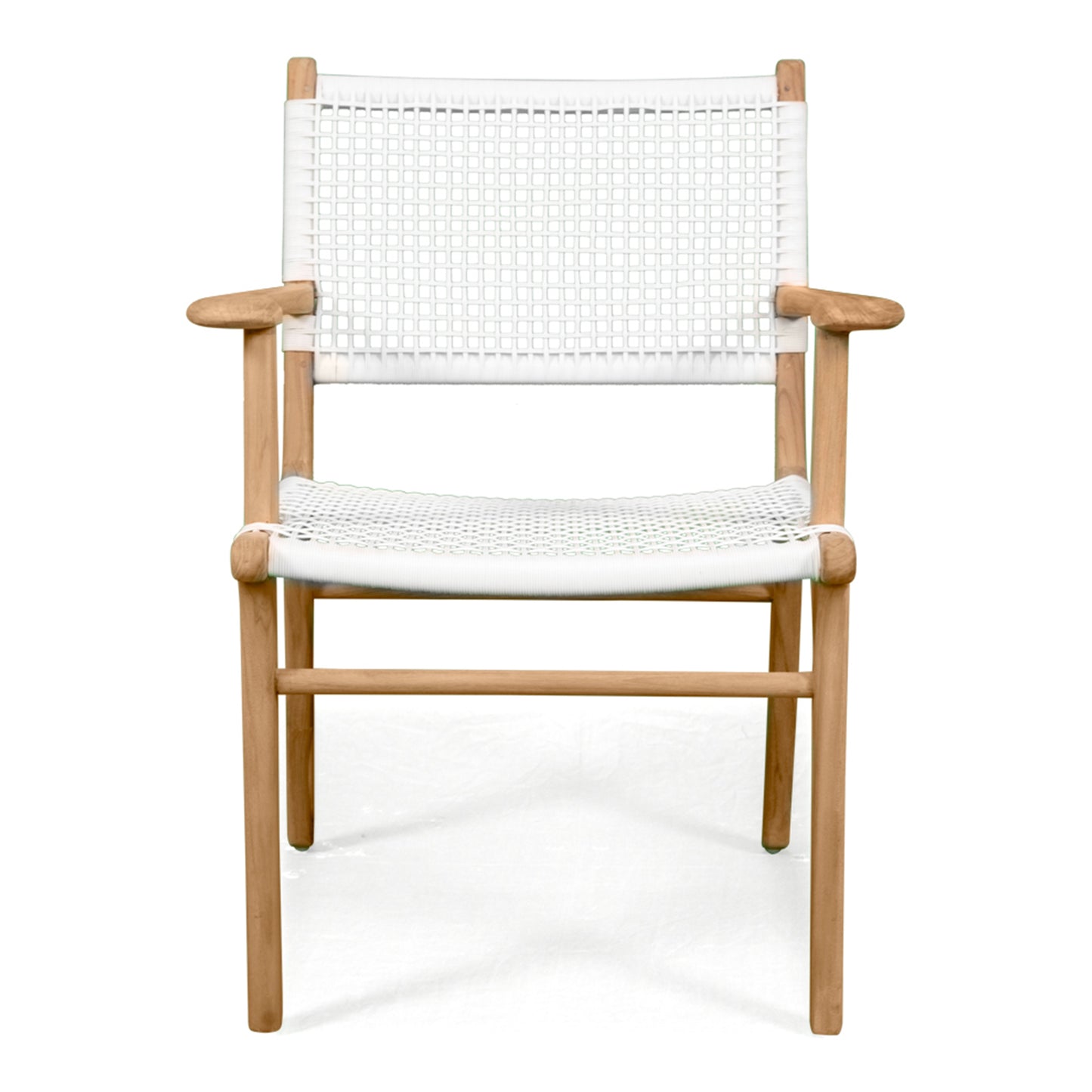 Studio front view of Zen Armchair – White – Open Weave with symmetrical arms and natural teak structure.