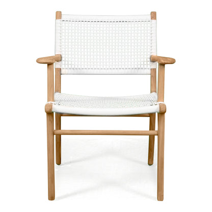 Studio front view of Zen Armchair – White – Open Weave with symmetrical arms and natural teak structure.