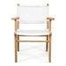 Studio front view of Zen Armchair – White – Open Weave with symmetrical arms and natural teak structure.