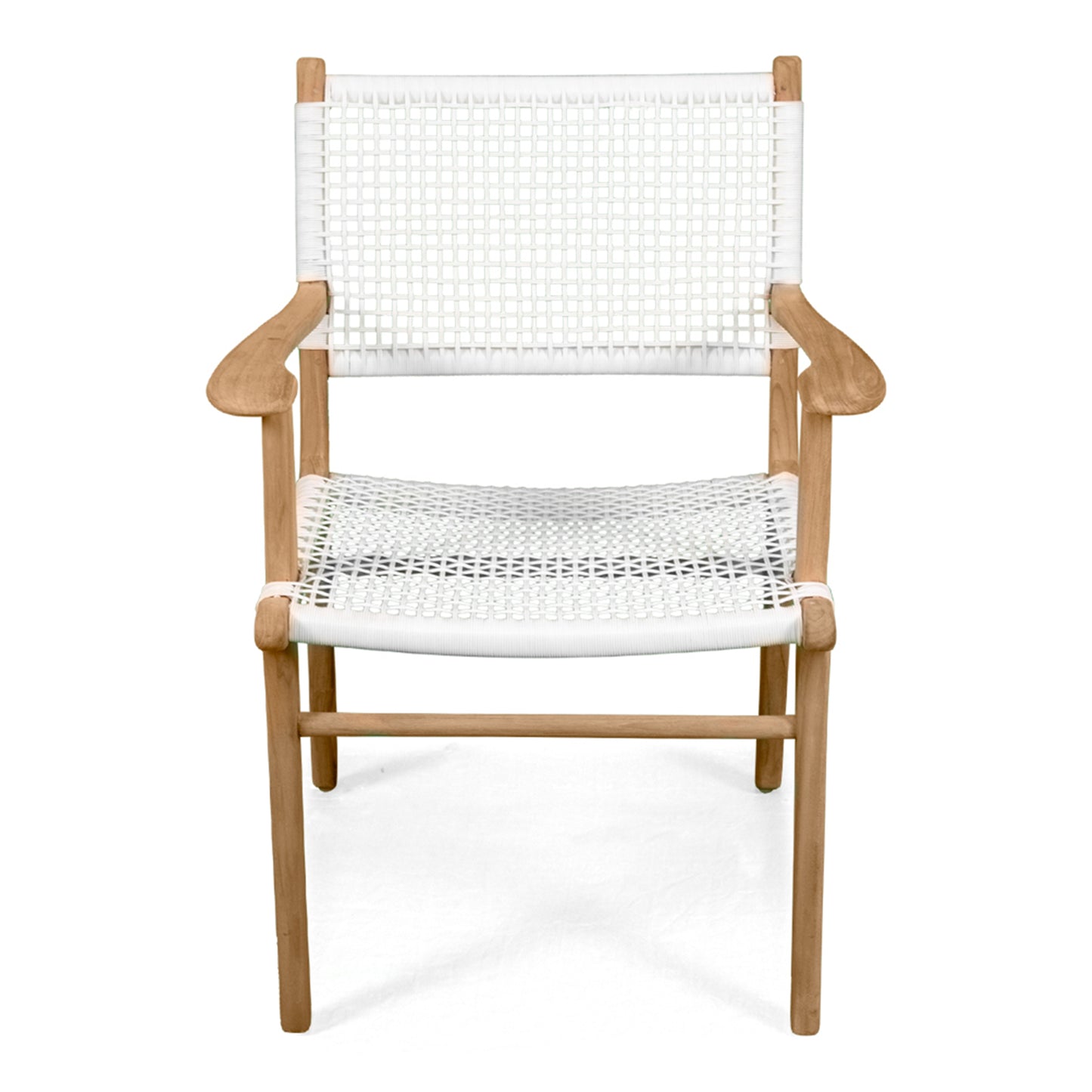 Front view of Zen Armchair – White – Open Weave on white background showcasing armrests, woven seat and back.