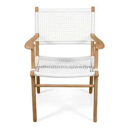 Front view of Zen Armchair – White – Open Weave on white background showcasing armrests, woven seat and back.
