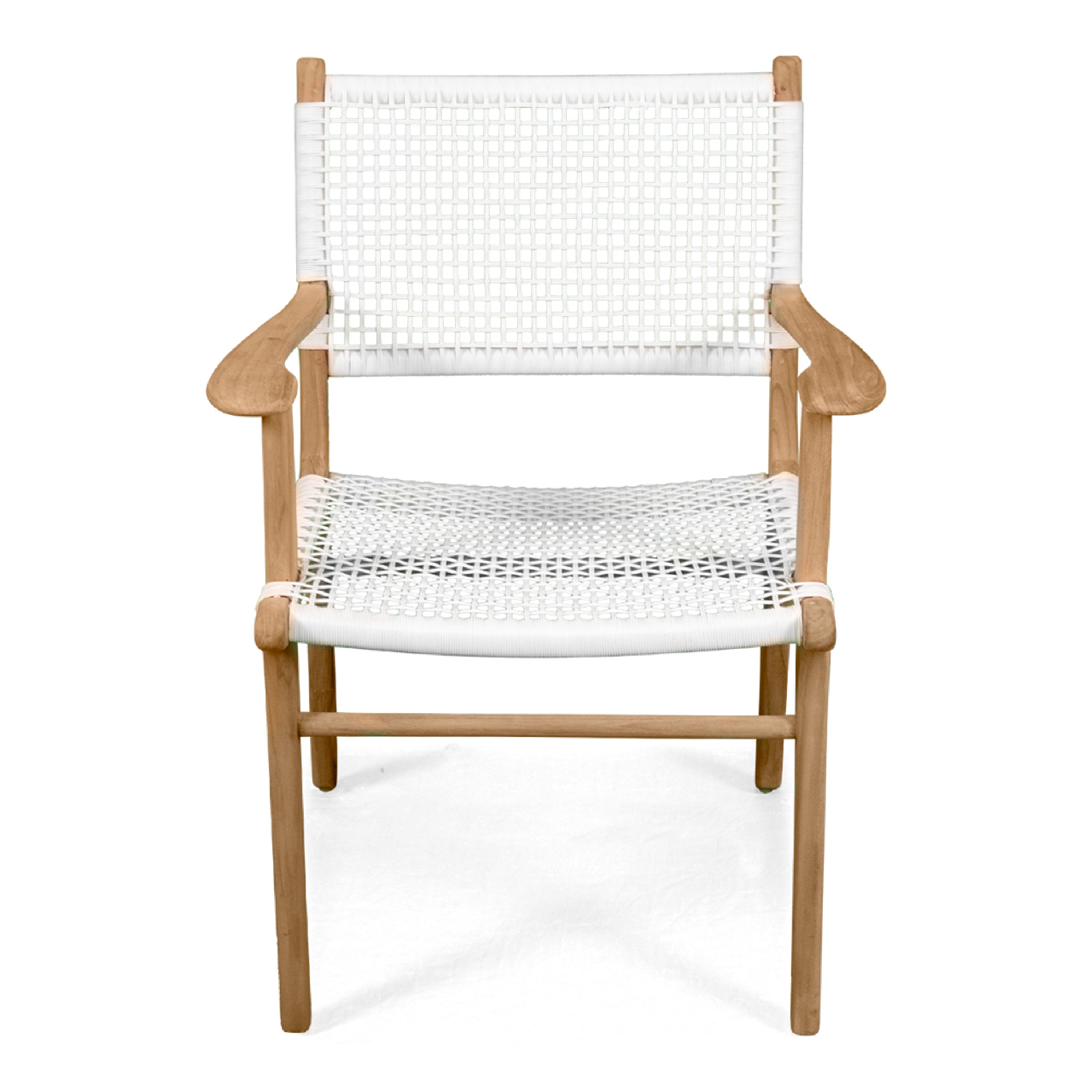 Front view of Zen Armchair – White – Open Weave on white background showcasing armrests, woven seat and back.