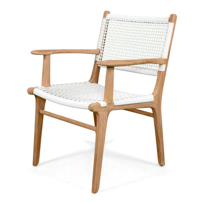 Angled front perspective of Zen Armchair – White – Open Weave showing relaxed proportions and contrast between teak and white weave.